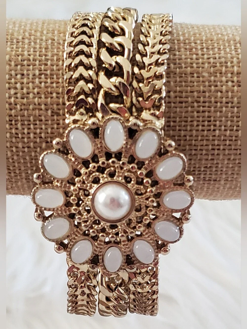 ​WHBM Gold-Tone Chevron & Curb Chain Faux Pearl Flower Medallion Bracelet